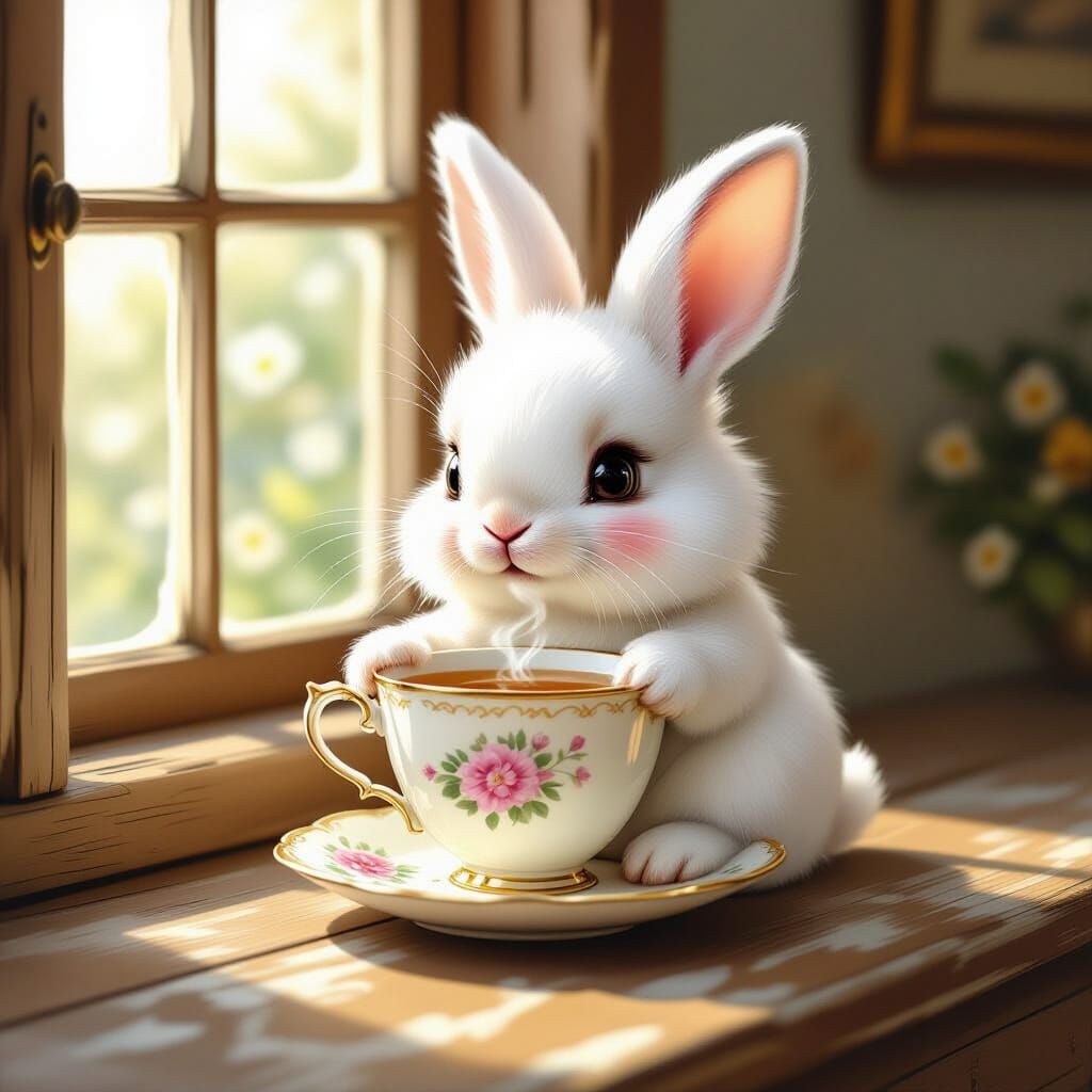 A white bunny holding a cup of tea  by @Galaxyandme