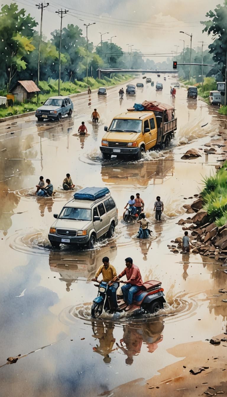 Unemployed people playing on water filled on highways as veh...