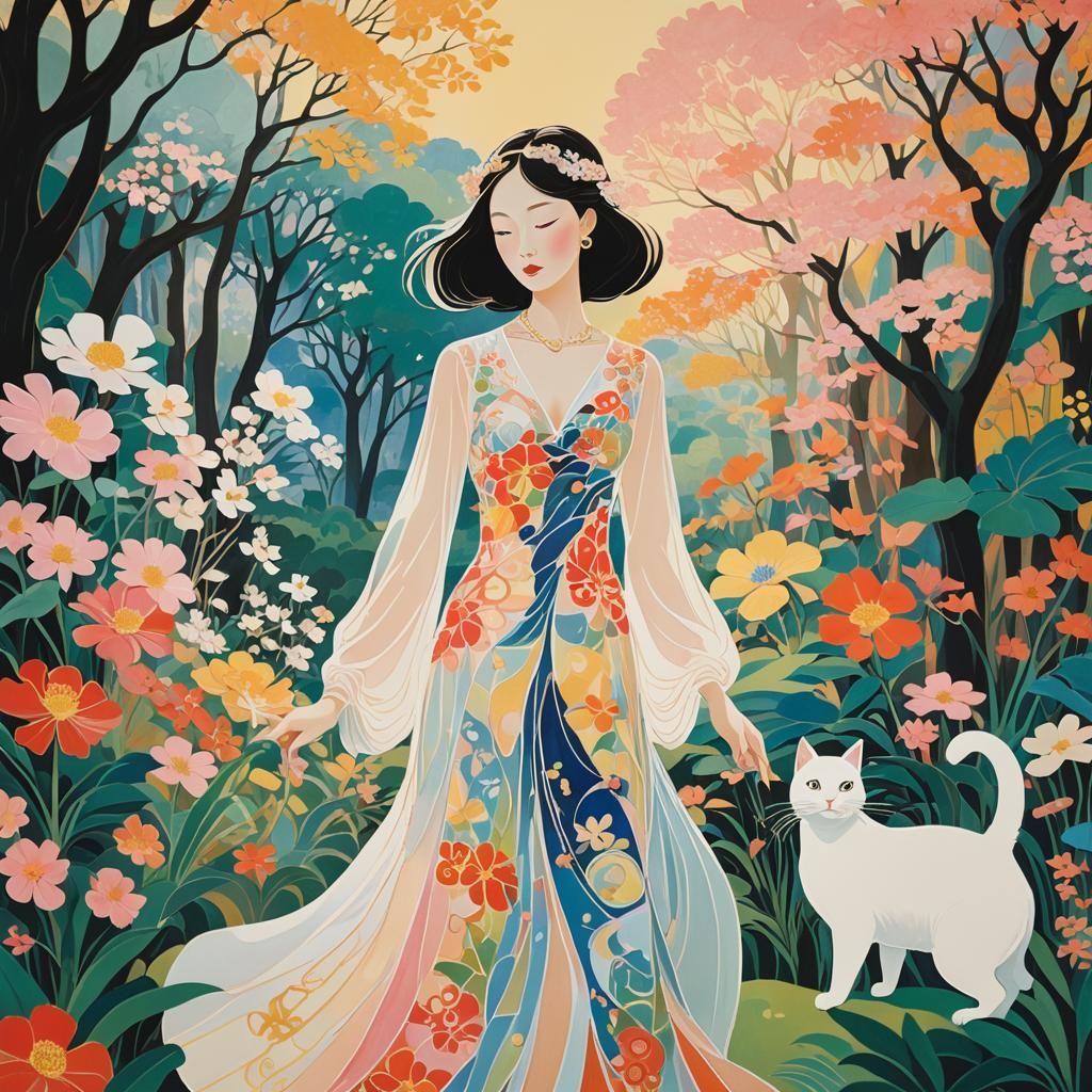 An elegant lady in transparent dress with a white cat, Art N...