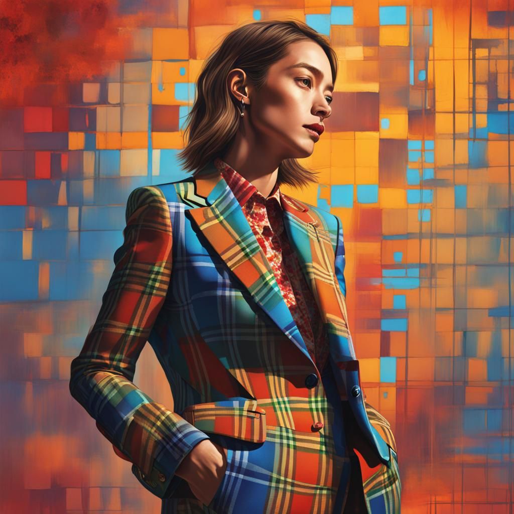 Plaid suit on a woman Hyperrealistic  by @Khevron