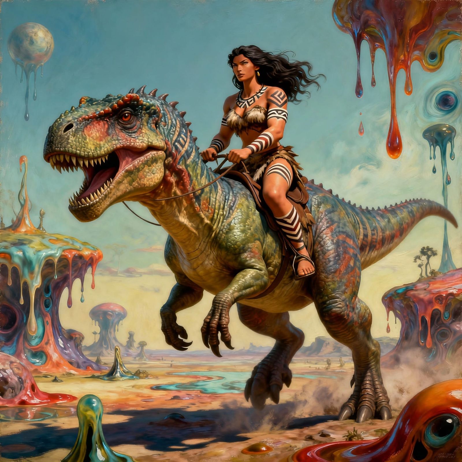 cavewoman riding pet dinosaur  Boris Vallejo Mark Brooks and Dan Mumford, comic book art, perfect, smooth ...  by @ER