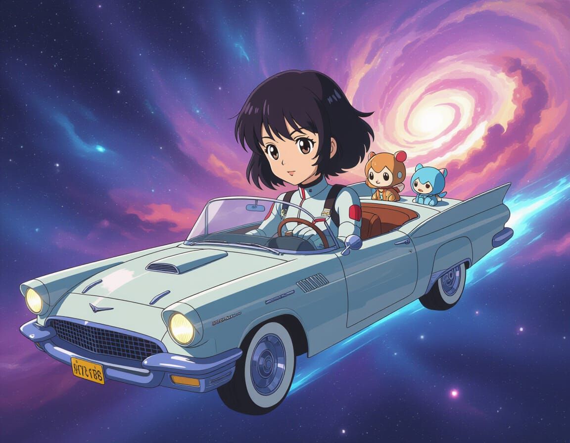 Anime Woman Pilots Spaceship Through Nebula