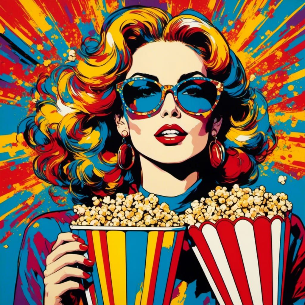 <lora:Pop Art style:1.0> woman at the cinema eating popcorn, style Pop art by Peter Max"