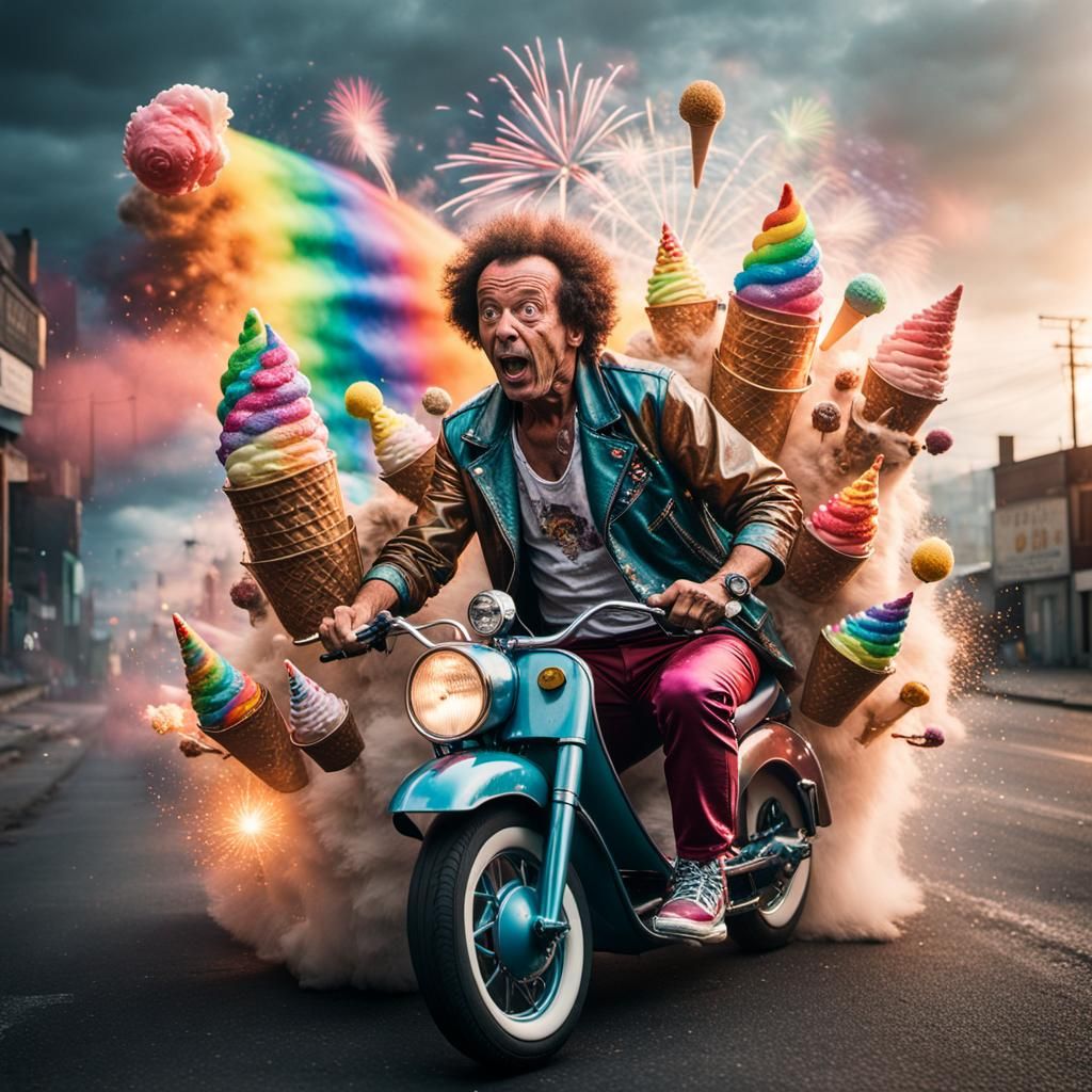 Angry Richard Simmons flying through exploding rainbow on a ...
