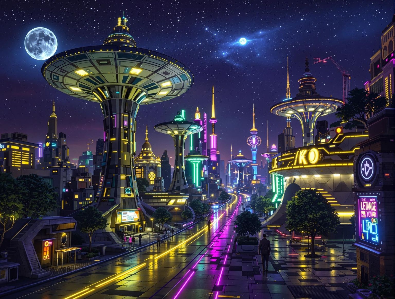 An extraterrestrial metropolis at night