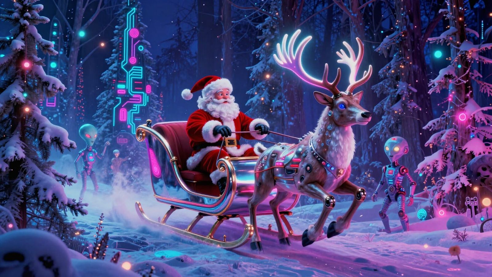 Retro-Future Santa’s Sleigh Delivery 🛷 in a Neon Circuit Winter Forest 🌲  by @TimanazArt