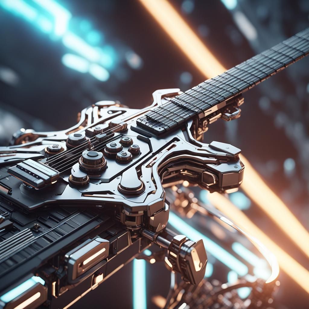 FUTURISTIC ELECTRIC QUITAR intricate mech details, ground le...