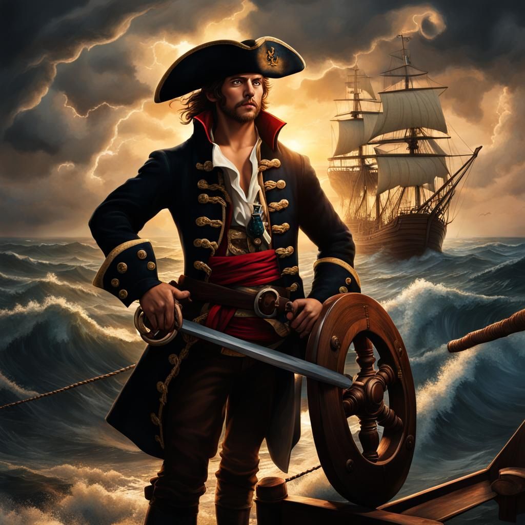 a brash young pirate born to sail the sea stands at the ship...