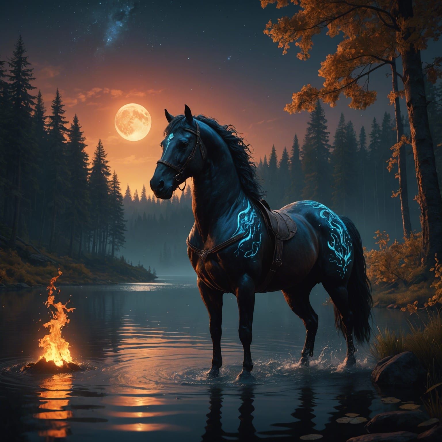 Dark Horse Magical Flaming Elegant realistic dreamy nmoonlight near forest lake bioluminescent glow detailed matte paint...