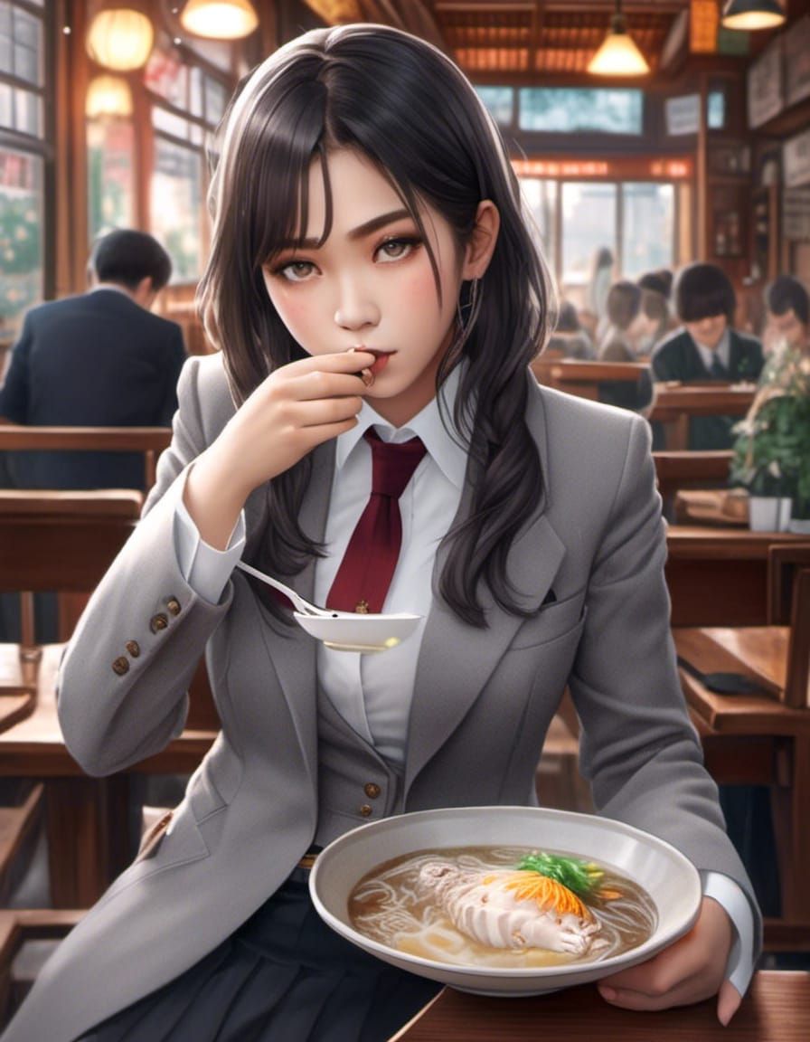 Asian girl eating a bowl of tonkotsu - AI Generated Artwork - NightCafe  Creator