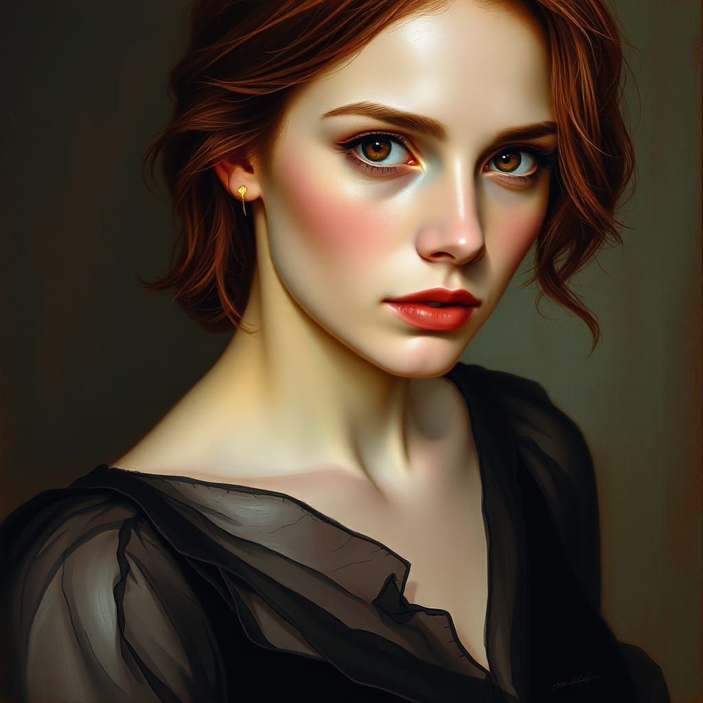 Light-skinned, auburn-haired woman around 30 with ruby-colored eyes that glow. She is wearing a sheer ...  by @Maulkat