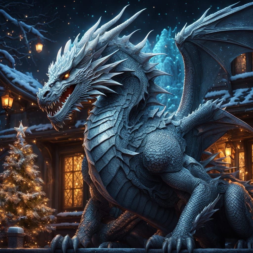Where winter whispers in dragon’s breath and Christmas lights glow with ancient magic. a large giant dragon with silvery scales a protector ...
