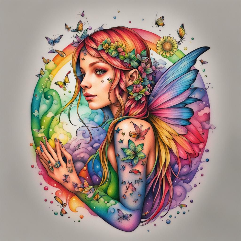 Rainbow tattoo of a fairy
