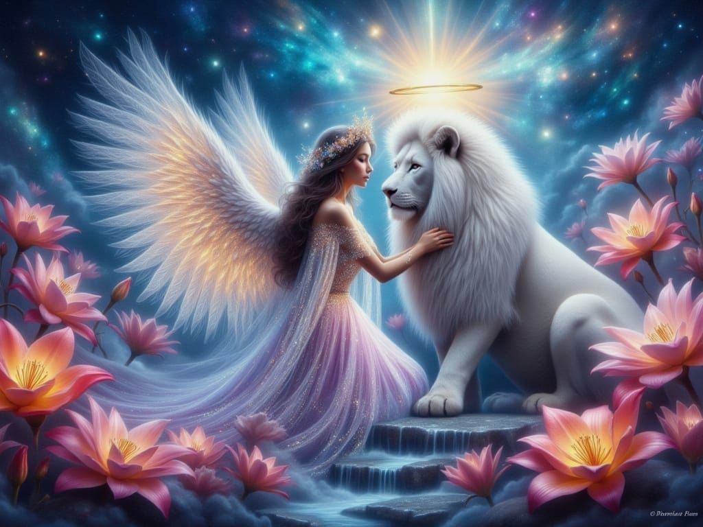 <lora:FiosCelestialBonds:1.0> Daphne and her Lion Tali