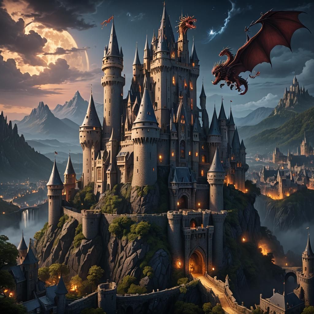A tall castle in the night and a dragon garding the castle