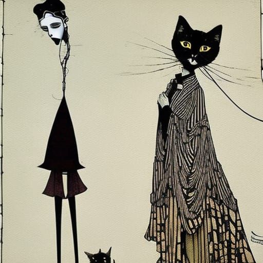 Girl Walking Cat: Gothic Art Style