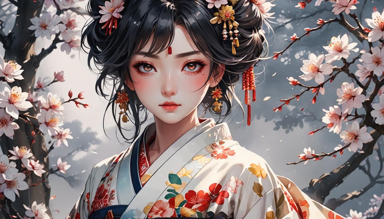 Geisha in cherry blossoms - AI Generated Artwork - NightCafe Creator