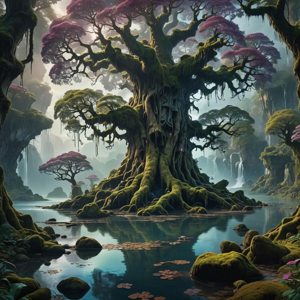 Ancient Tree Towers Over Serene Lake