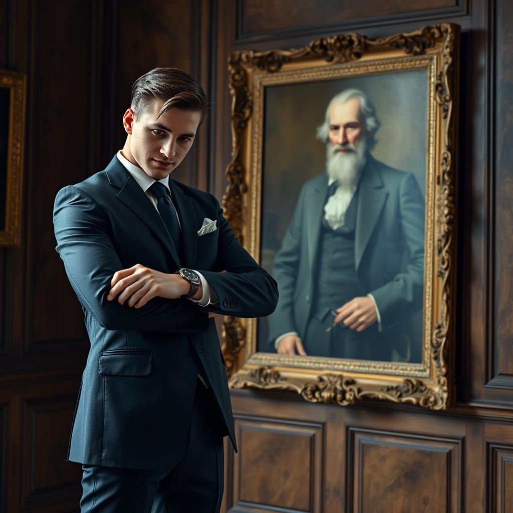 A Young Entrepreneur Stands Before a Timeless Portrait in a ...