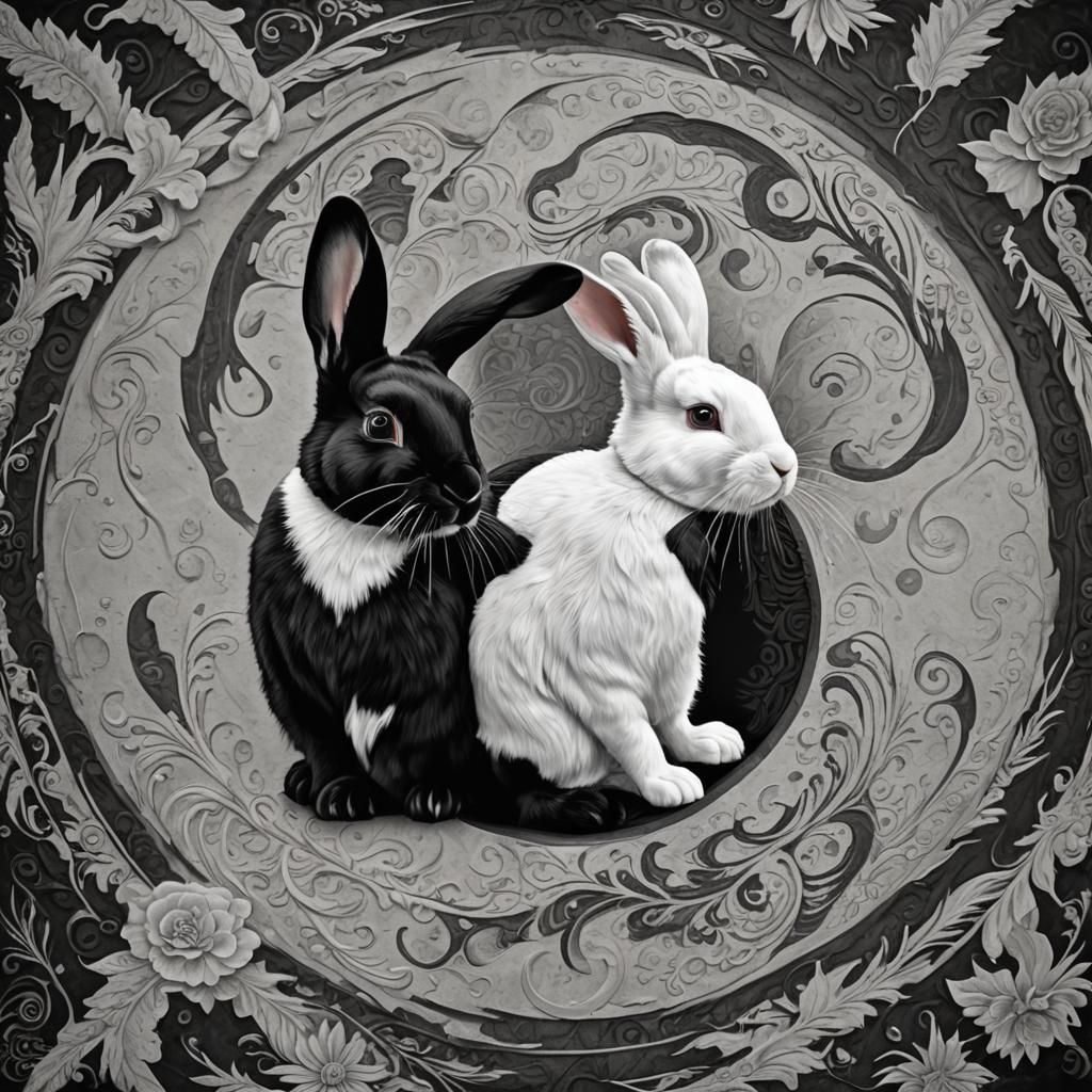 Yin Yang black and white rabbits.  by @Smodge