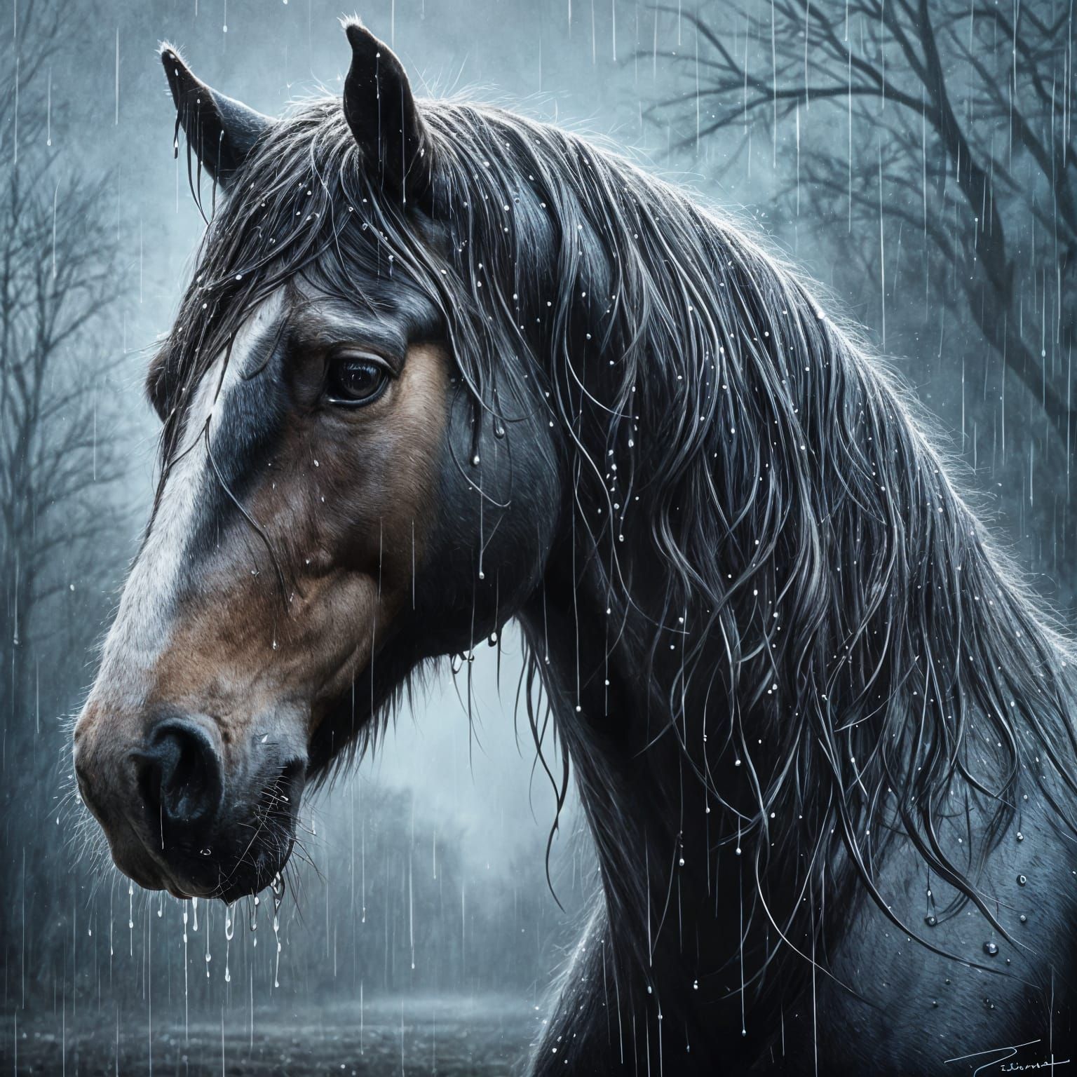 A horse in the rain