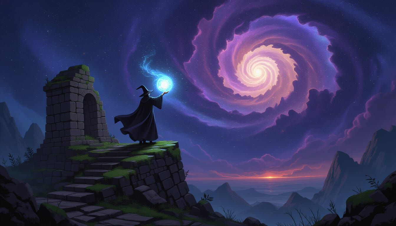 A lone magician stands atop a crumbling, moss-covered ruin, holding a glowing orb that pulses with cosmic energy. The sky above is a swirlin...
