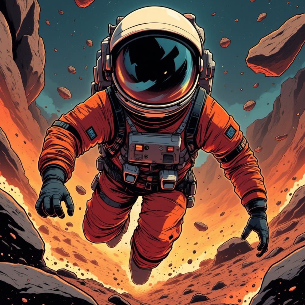 Spaceman in a burnt orange spacesuit navigating an asteroid field <lora:Death Before Decaf:1.0>