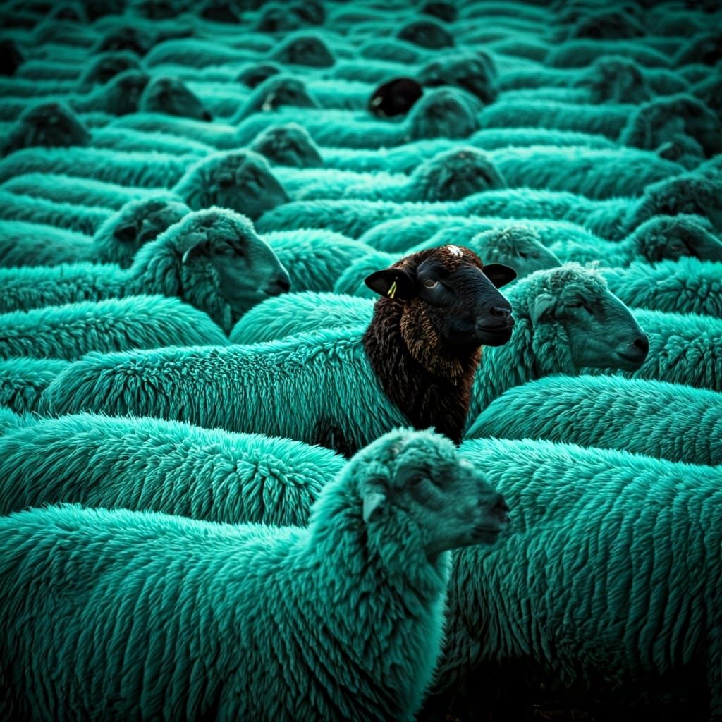 Friendly Turquoise sheep tightly packed standing in rows, filling the frame. ONE black sheep looking out above all the others. Intricate det...