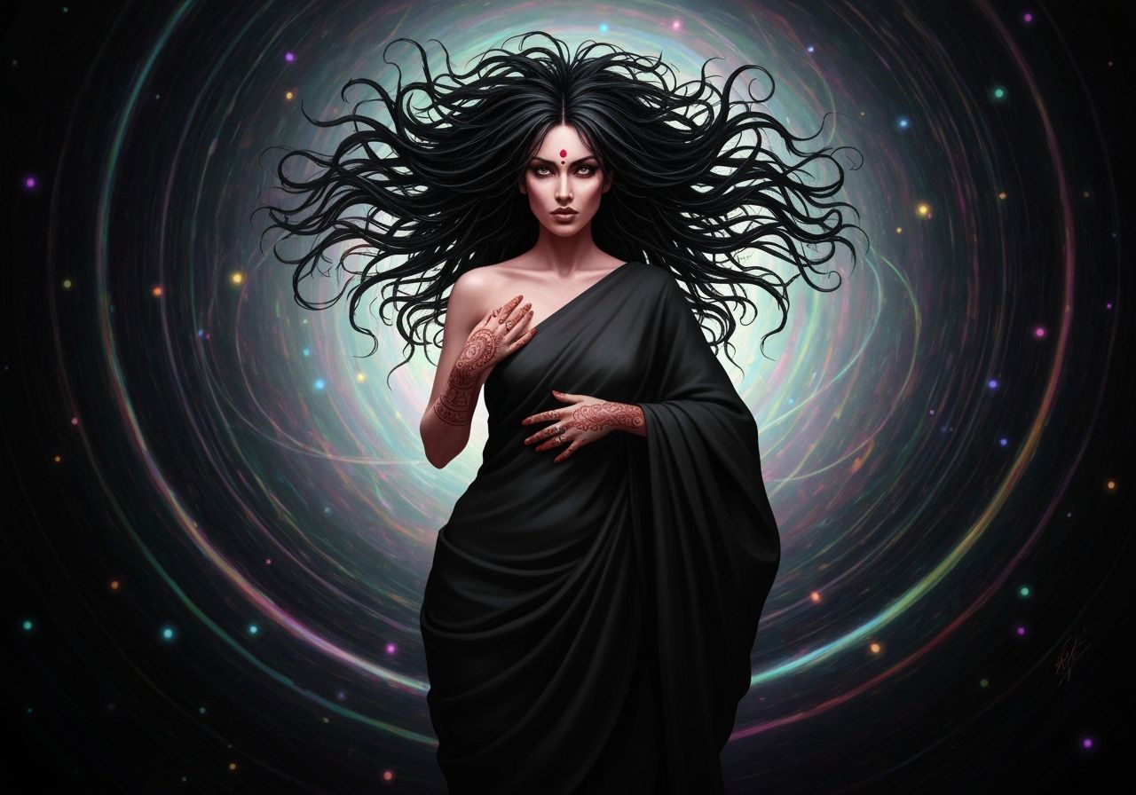A captivating Indian witch with flowing, tangled black locks and henna-adorned hands, enveloped in a luxurious, abstract black sari that fea...