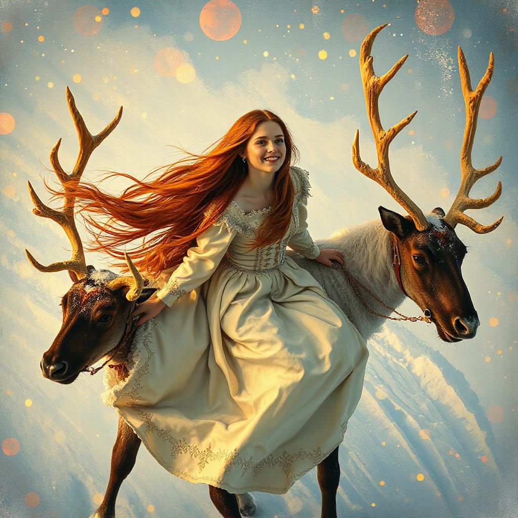 Victorian Woman Rides Reindeer in Snowy Landscape