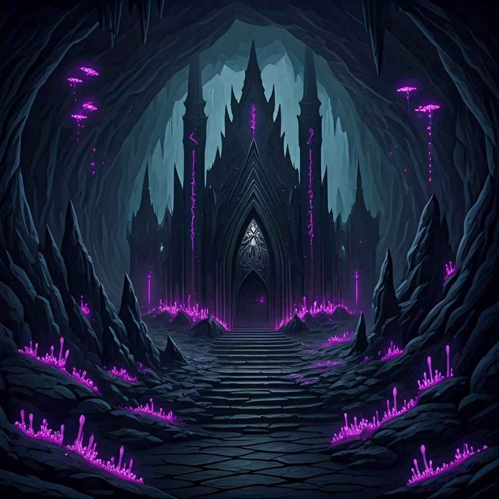 "A dark fantasy underground drow outpost built inside ancient basalt caverns, lit by eerie bioluminescent fungi and violet arcane runes puls...