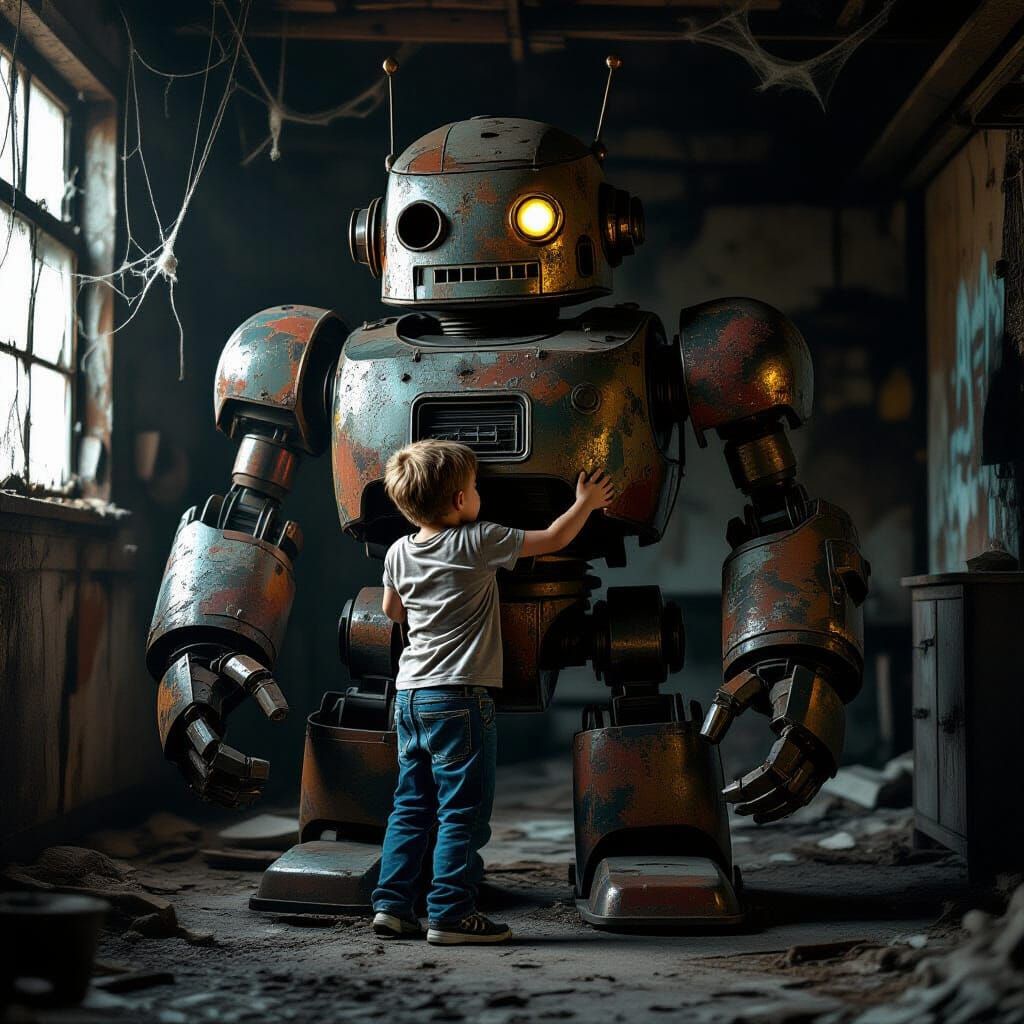 4-year-old boy, with a huge old and rusty robot, hugging. Dark fading room, dim light, dust, cobwebs, rust, hyperrealistic, maximum detail, ...