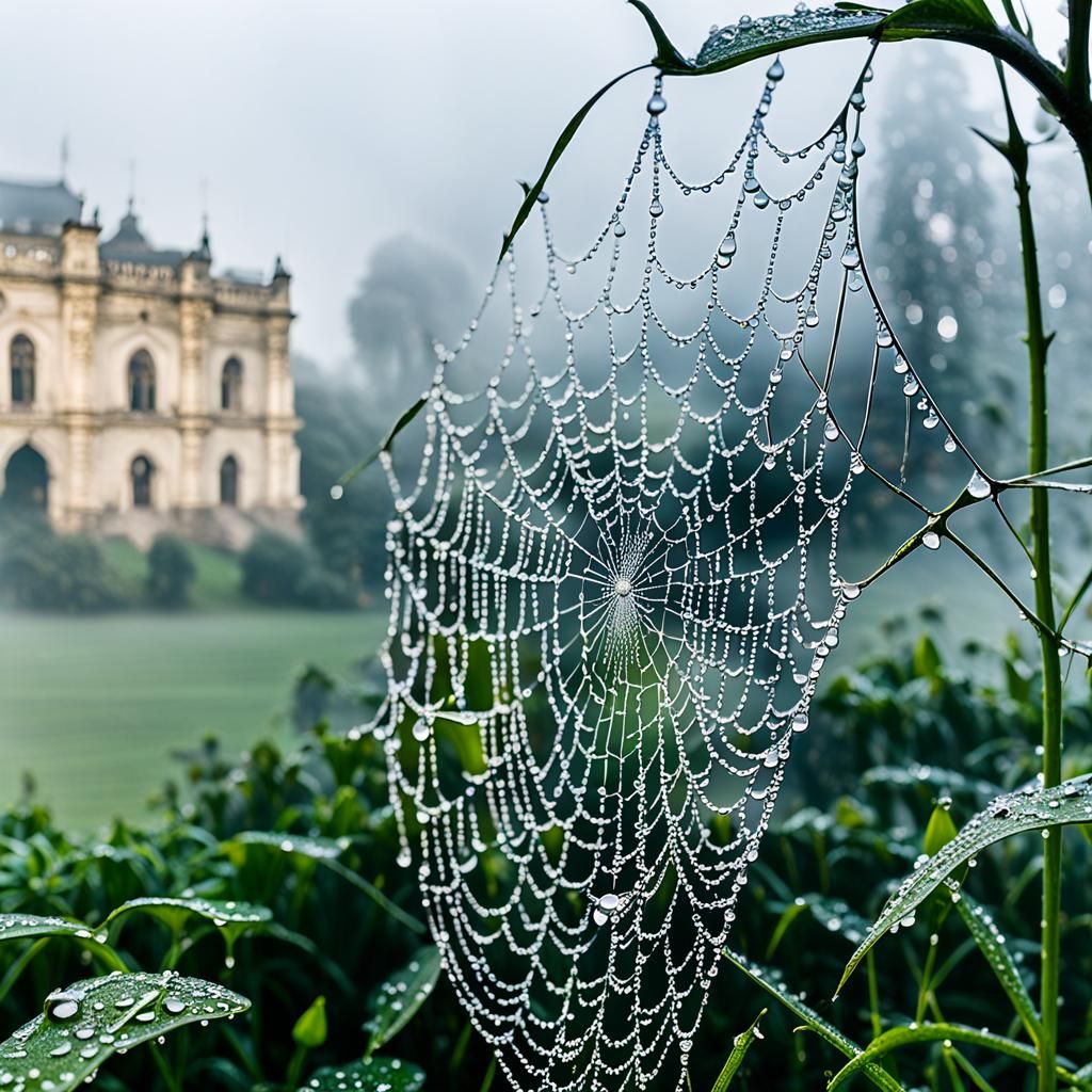 Dew drops on a sider's web in the early morning with fog hanging over the palace's garden  by @Murray