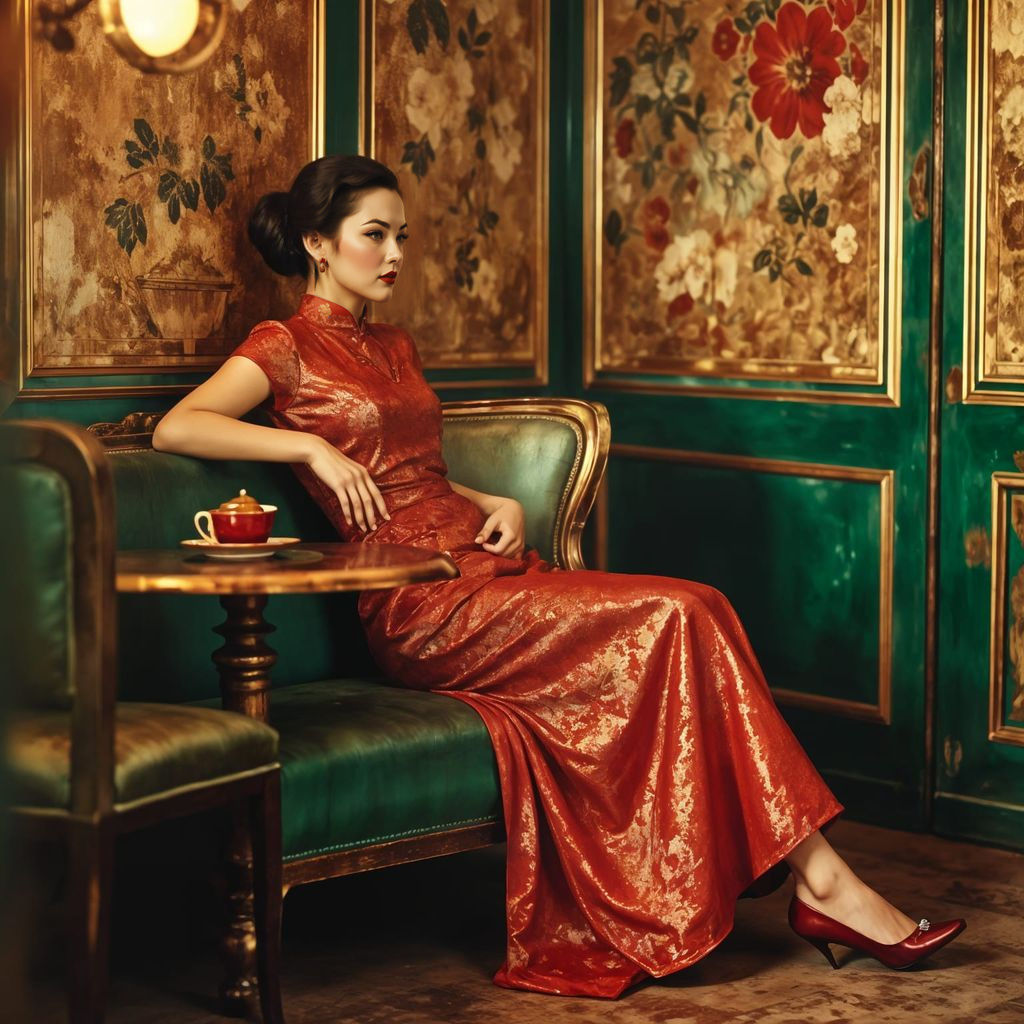 <lora:DreamweaverFlux:1.0>Full body shot of a pin up model in a cheongsam, cafe, 1950s, retro, vintage aesthetics, Norman Rockwell, heavy te...