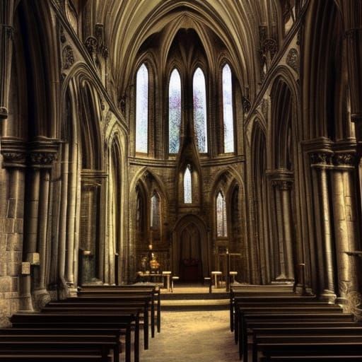 Inside a simple medieval church.