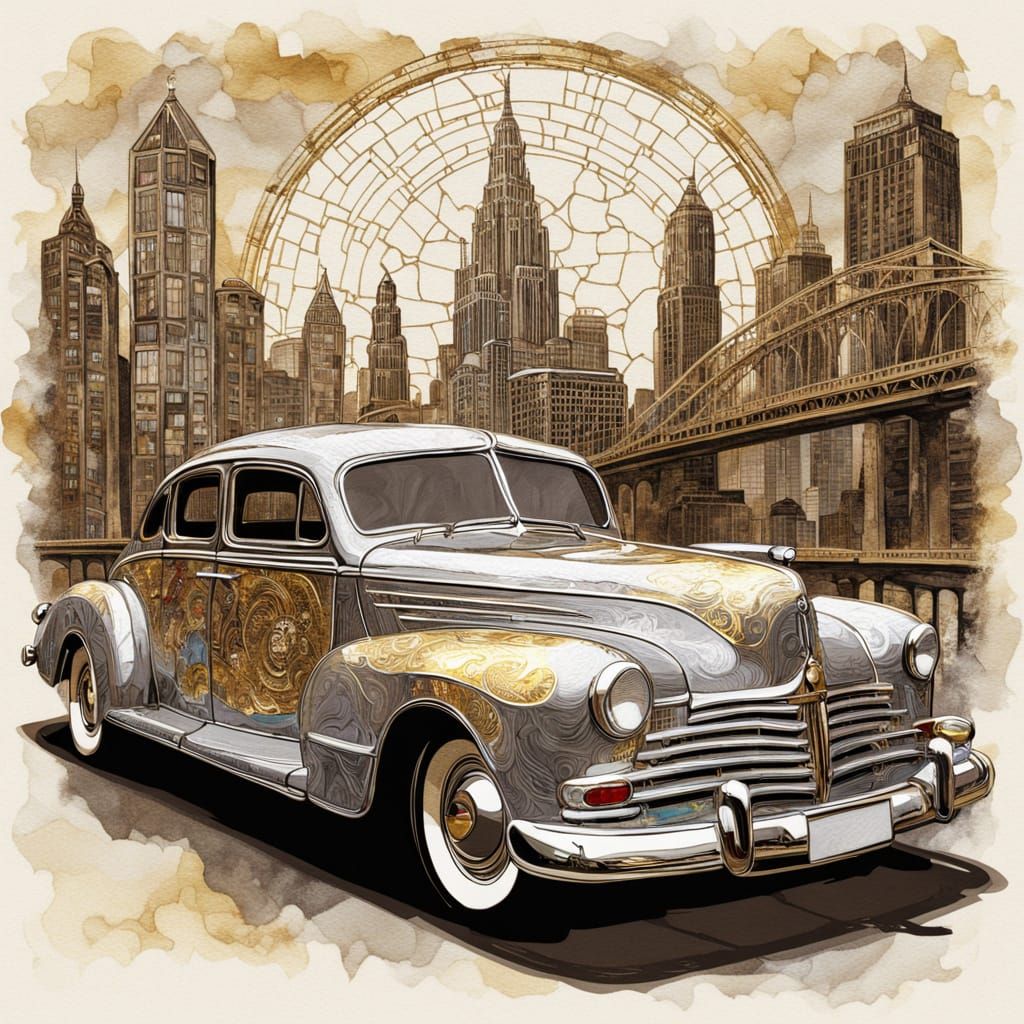 A classic car with a chrome grille and round headlights, set in a stylish cityscape with skyscrapers ...  by @AI