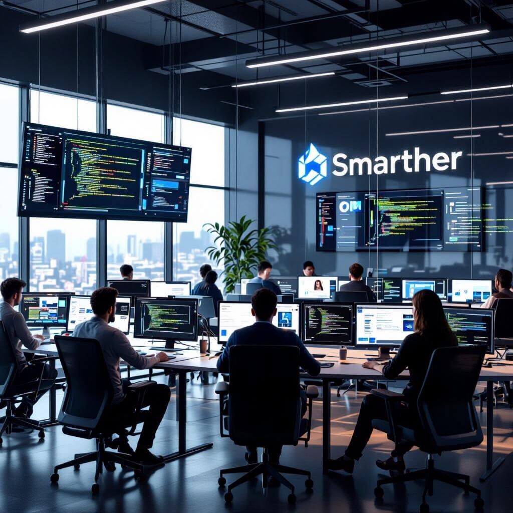 Professional IT workspace with multiple developers coding, digital screens showing websites and apps, and SMARTHER logo on the glass wall, f...