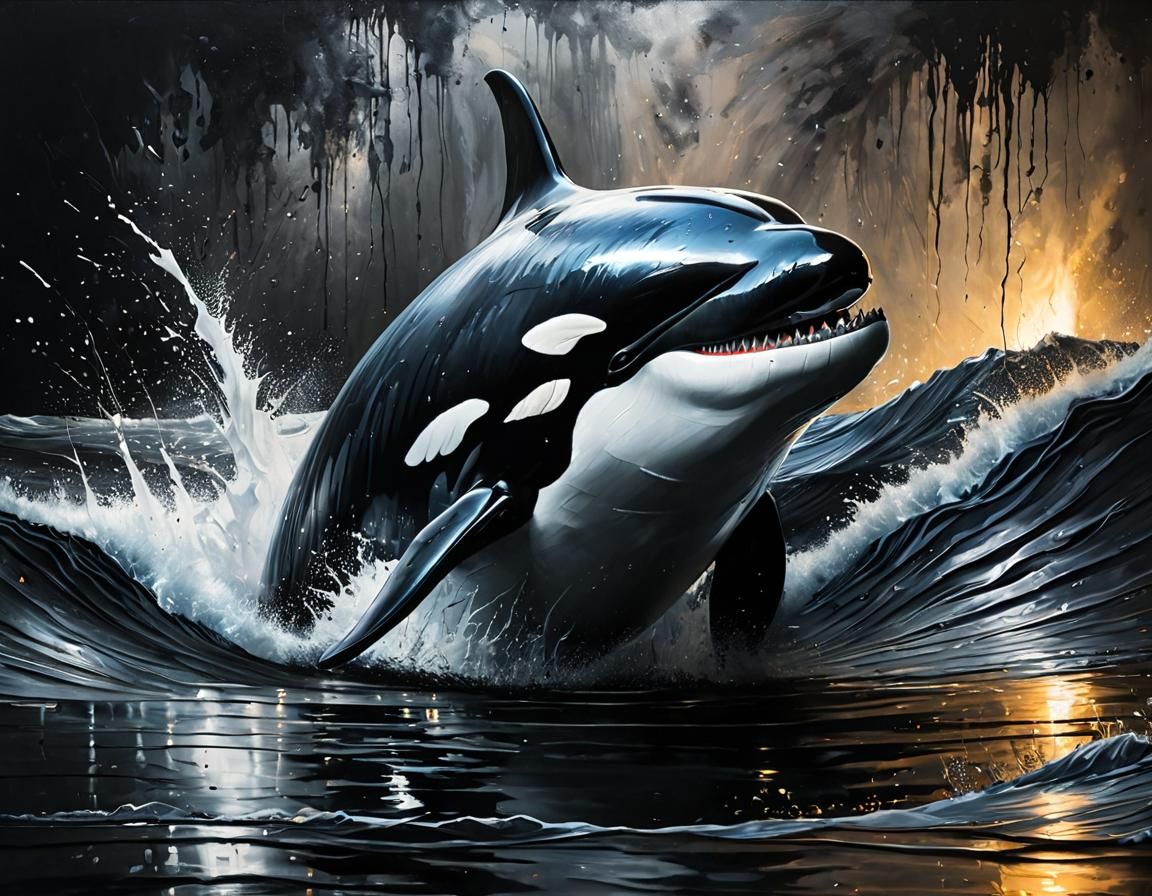 painting, a pitch black gorgeous (Killer Whale) painted with matte black paint, silver highlights, thick brush strokes, grunge style, mergin...