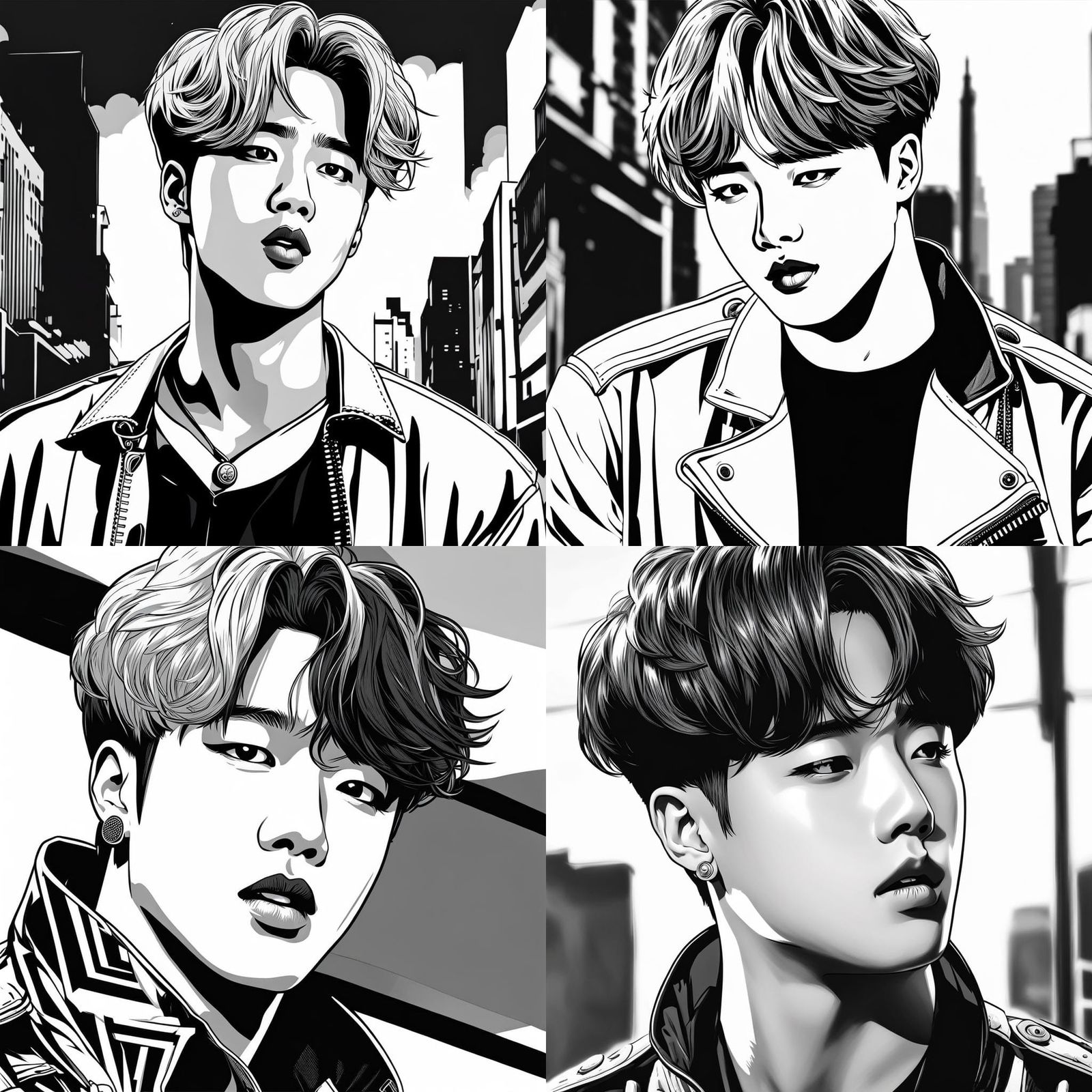 create Jimin BTS image in black and white comic style