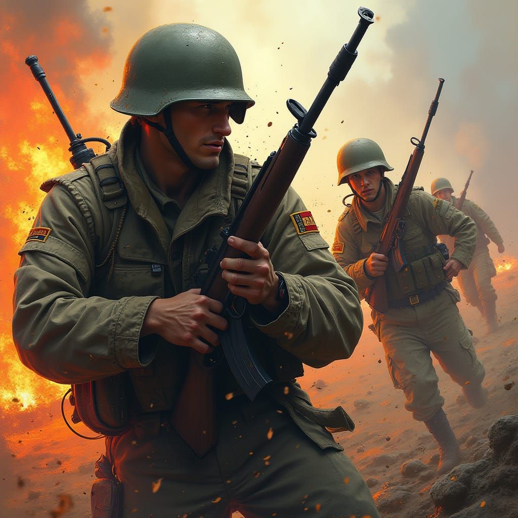 Soldier in World War 2 Battlefield Takes Down Riva... - AI Art