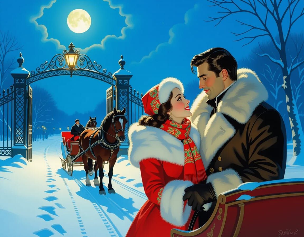 Moonlight path, gate,
The horses are harnessed to a sleigh