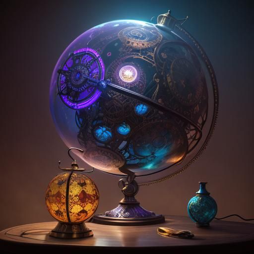 Imagine a steampunk-inspired lamp with a glass orb filled wi...