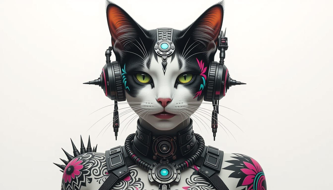 Cat Woman with Tattoos in Retro-Futuristic Style