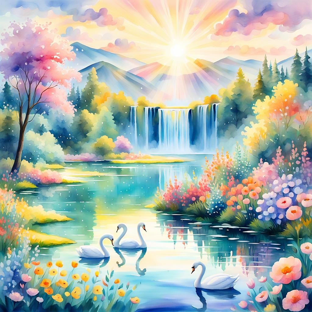 Whimsical Watercolor Lake with Swans and Waterfall