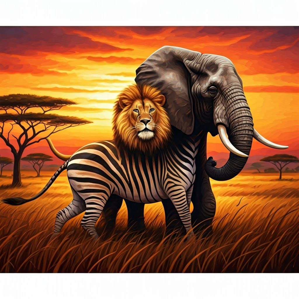Surreal Lion with Zebra Body Stalks Elephant in Vibrant Sava...