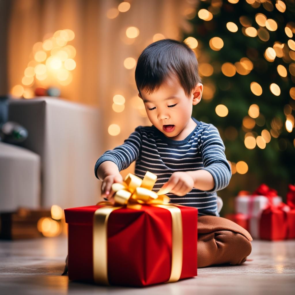 Luck. The child opens the gift. Much detailed.