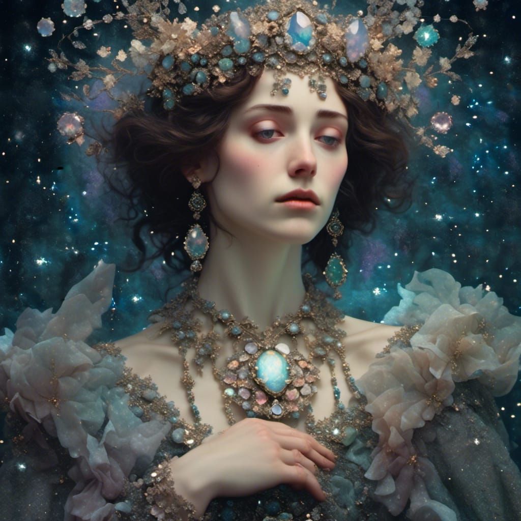 <lora:FolknMyth:1.0> dark sparkle bling jewellery glitter shiny twinkling stars shimmery opalescent opals brilliant dazzling. Edmund Dulac K...