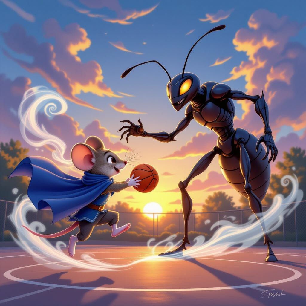 An epic yet playful scene of Finn, the anthropomorphic wandering mouse hero, playing basketball with a giant anthropomorphic ant on an outdo...