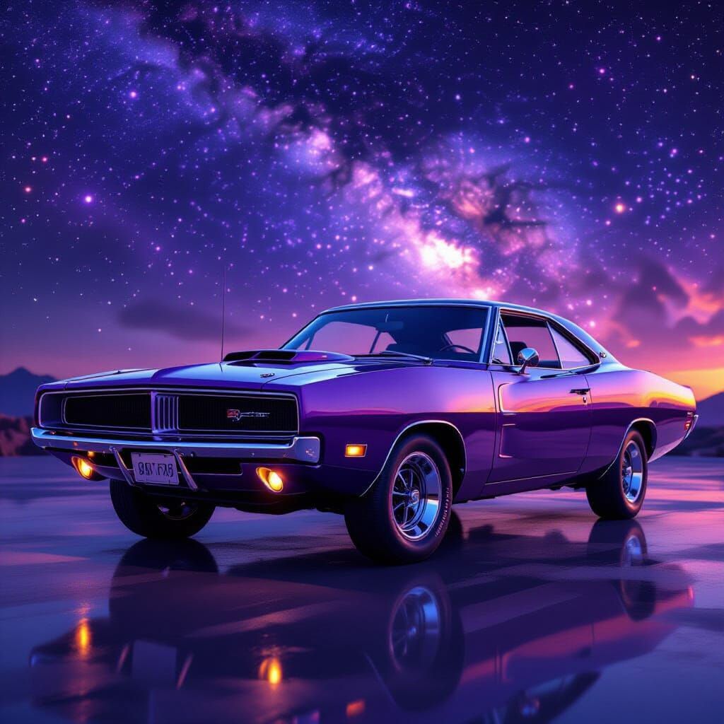 A gleaming 1969 Dodge Charger R/T, painted in a deep, cosmic purple with subtle celestial star patterns ...  by @Lintumila Manonka