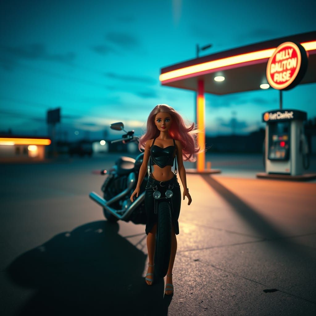 It's supposed to be Barbie at the gas station, with her Harley. Not that Barbie IS the Harley lolll😅🤭  by @Delsy Selena